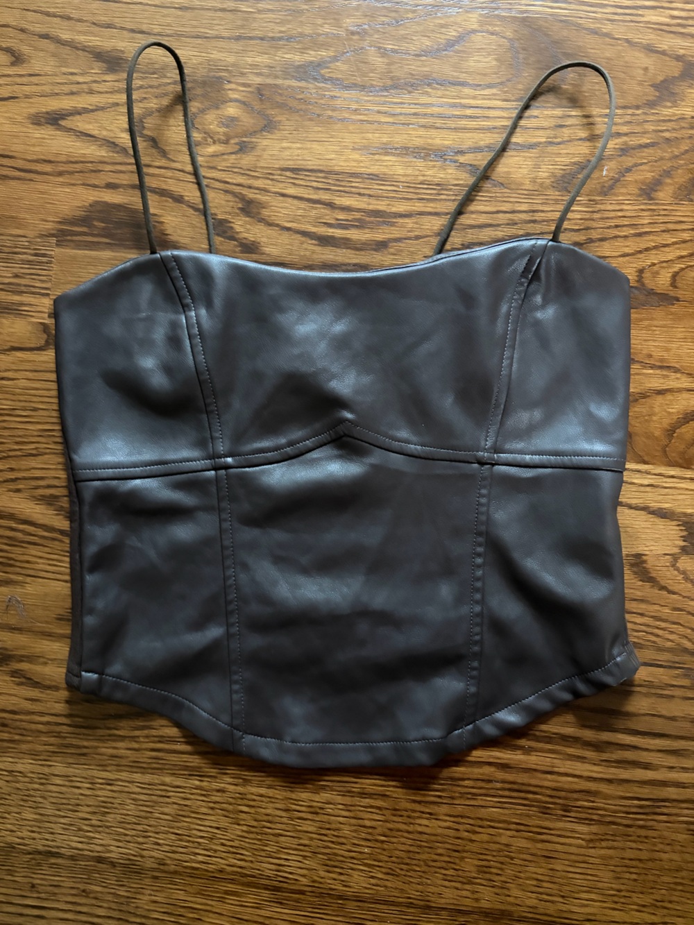 Aqua Brown Faux Leather Spaghetti Strap Camisole, Y2K style, Sexy Academia, L